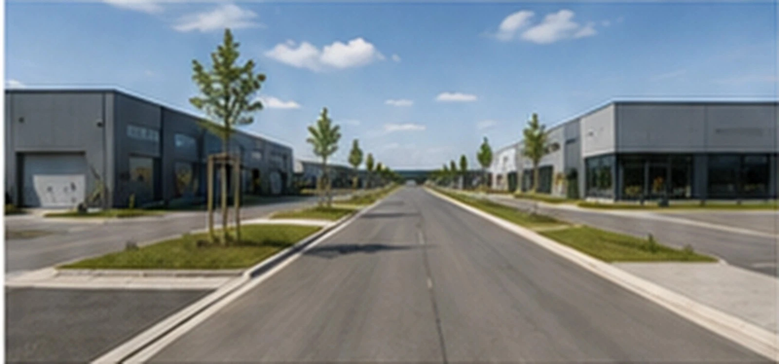 Zufahrtsstraße mit Hallen und Betriebsgebäuden